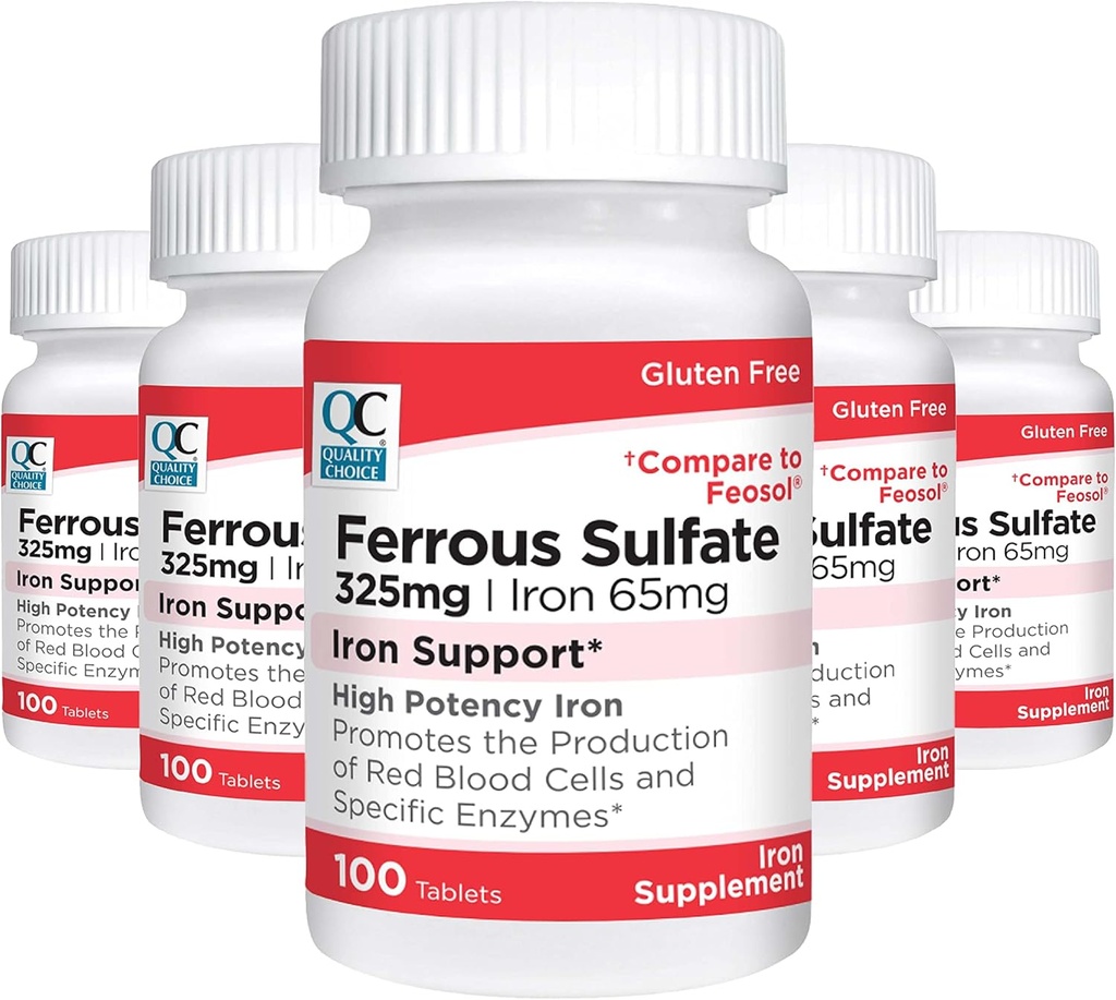 Scelta di qualità Ferro 65 mg (325 mg Ferrous Sulfate) Tavole di supplemento di sostegno del ferro ad alta potenza in 100 Conte Bottiglie (5 Pack)