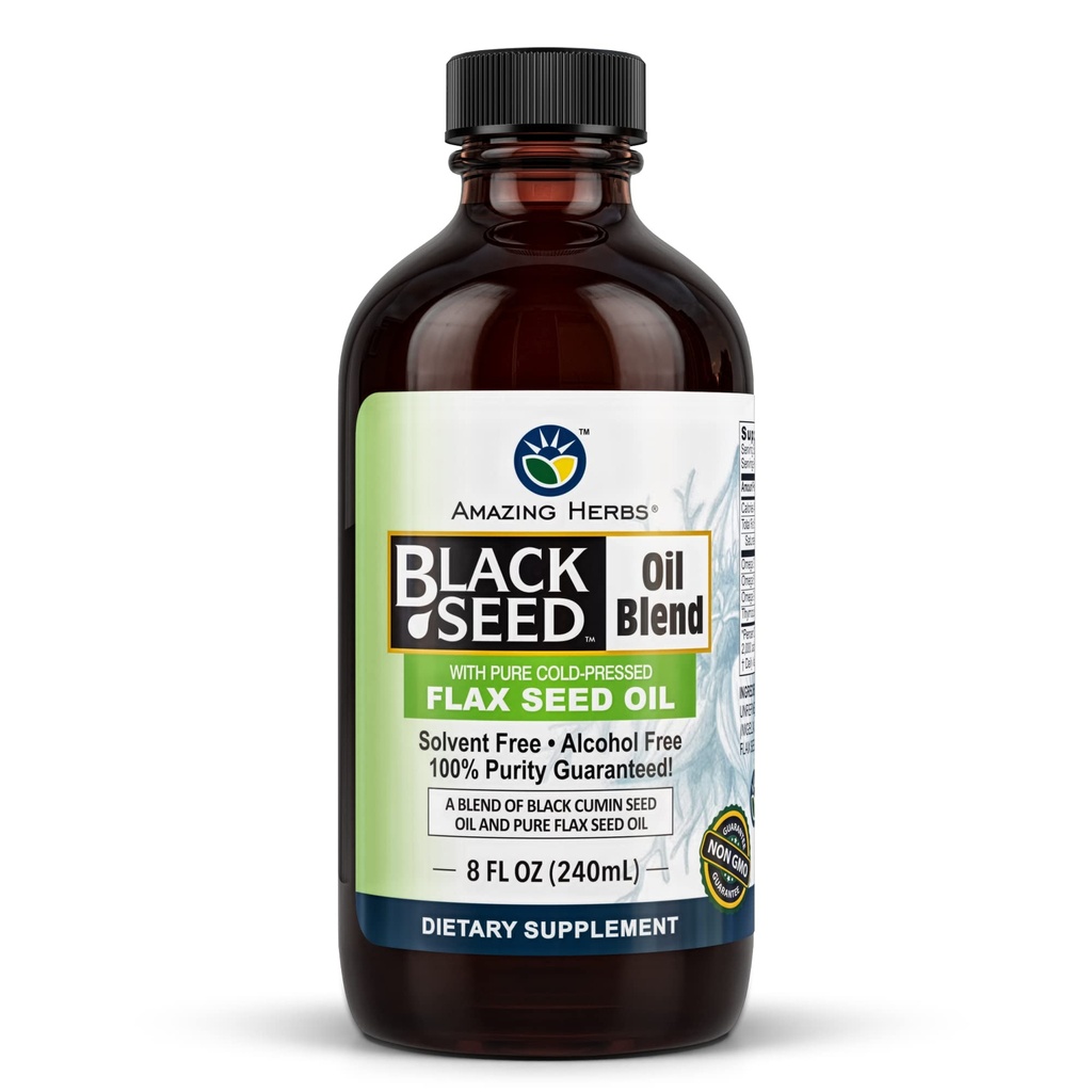 Meraviglioso erbe freddo Pressed Black Seed e Flax Seed Oil Blend - Gluten-Free, Non-OGM, High in Omega 3, 6, & 9, Supporta Joint, Cervello e funzione cardiaca - 8 Fl Oz