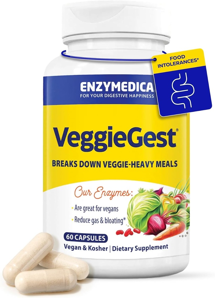 Enzymedica, VeggieGest, Enzimi Digestivi, Supporta Rilievo Occasionale Gas & Bloating da Pasti Alti Fibra, per Diete Vegane & Vegetariane, Miscela Enzima per la Salute Digestiva, 60 Conte
