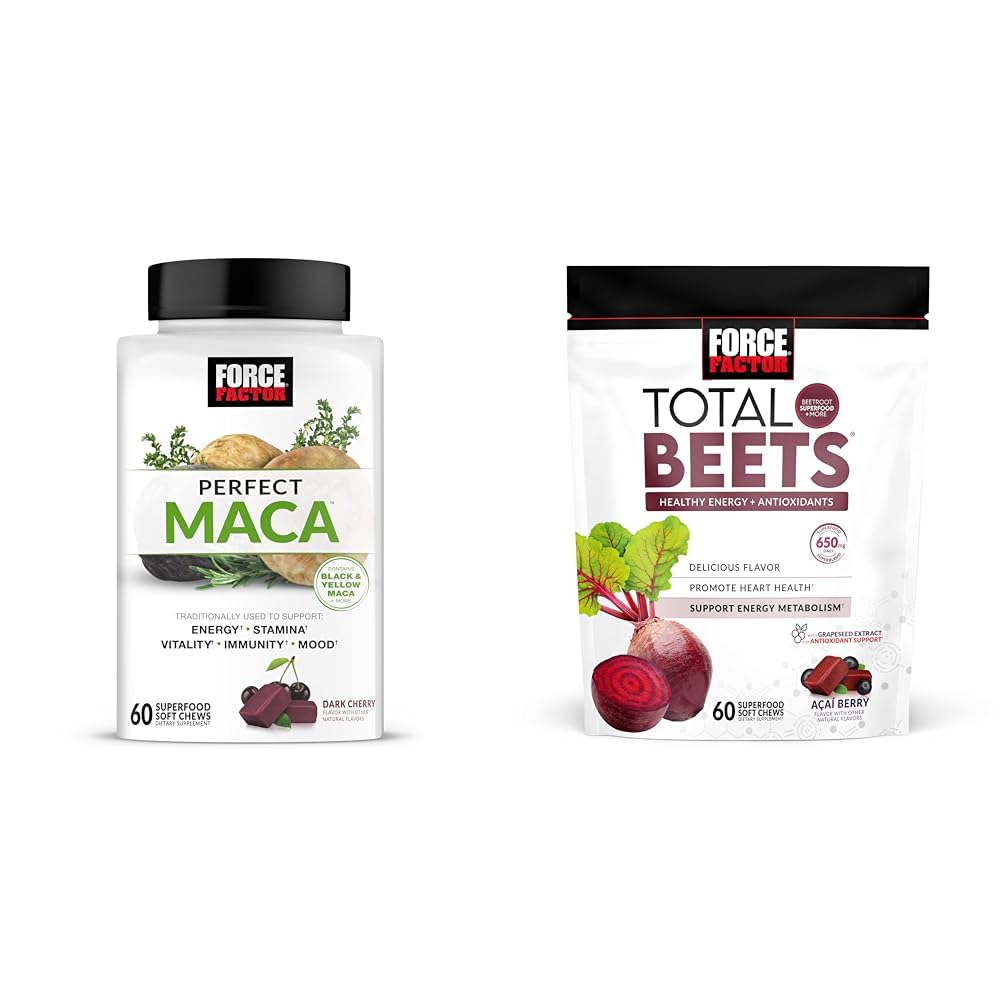 Force Factor Maca & Beet Soft Chews Bundle con 60 Maca Chews e 60 Beet Chews per energia, Stamina e salute del cuore