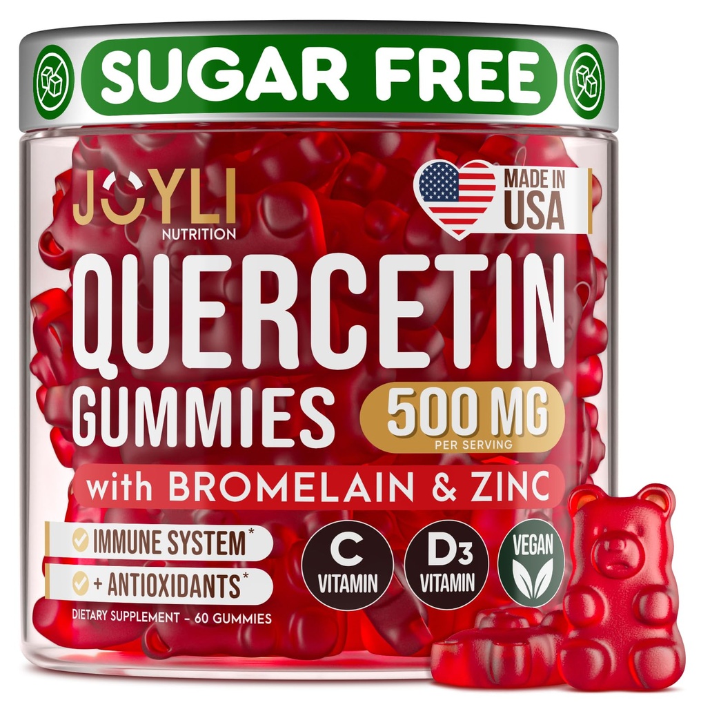 JOYLI Quercetin Gummies - Quercetin con Bromelain Zinc Vitamin C & Vitamin D3 - Quercetin Supplemento 500MG per Immune System & Allergy - Quercetin per Bambini e Adulti - 60 Quercetin Chewable
