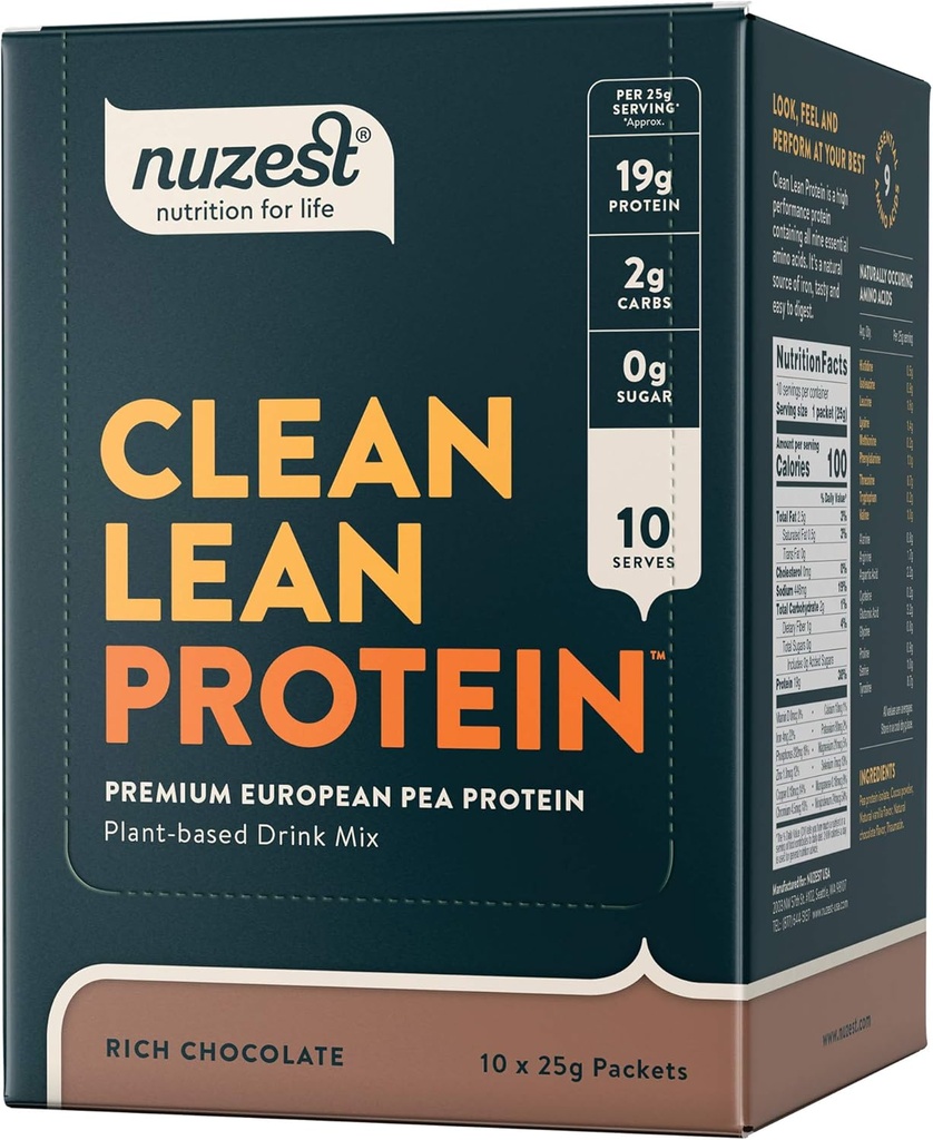 Nuzest - Pea Protein Powder - Clean Lean Protein, Premium Vegan Plant Based Protein Powder, Dairy Free, Gluten Free, OGM Free, Protein Shake, Rich Chocolate, 0,9 oz, (Pack of 10)