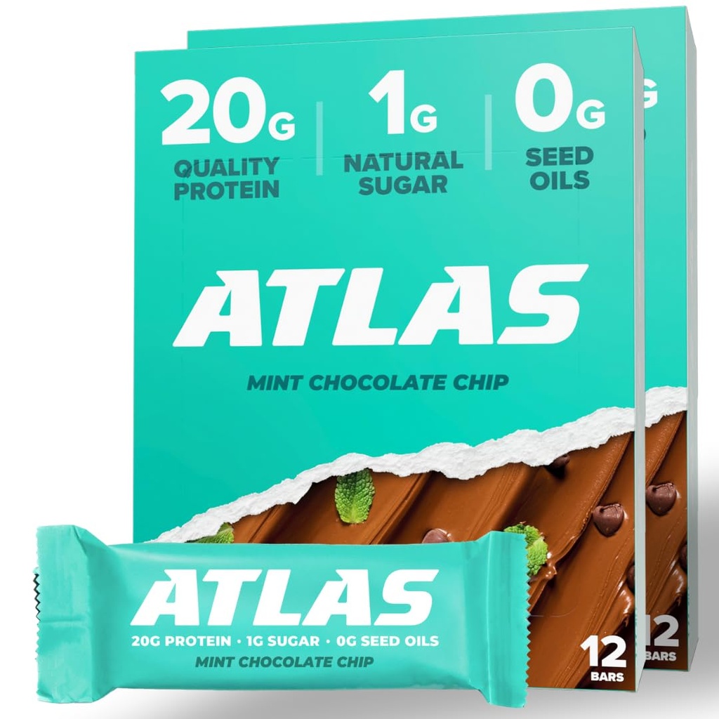 Atlas Protein Bar, 20g Protein, 1g Zucchero, Ingredienti puliti, Senza glutine, Mint Chocolate Chip (12 Conte, Confezione di 2)