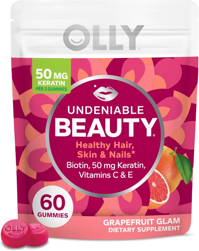 Gomma di bellezza innegabile OLLY, per capelli, pelle, unghie, biotina, vitamina C, cheratina, supplemento masticabile, pompelmo, alimentazione di 30 giorni - 60 conte