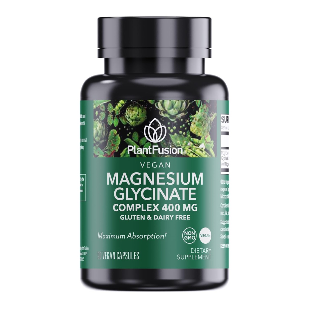 PlantFusion Vegan Magnesium Glycinate Complex 400 mg - Alta assorbenza e biodisponibilità - Chelata - Supporta il rilassamento muscolare, il sonno, la salute del cardio, lo stress e la produzione di energia - Non OGM