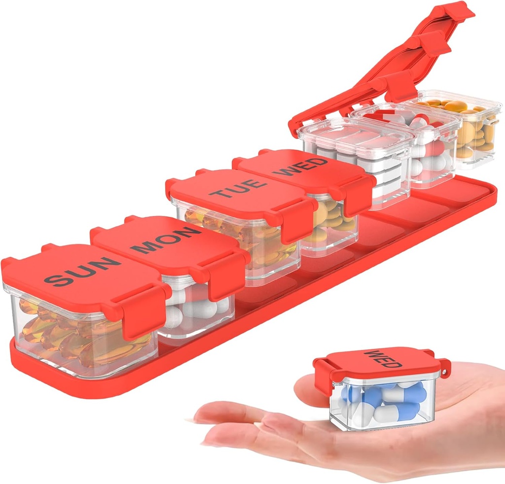 Extra Large Weekly Pill Organizer - Impermeabile 7-Day Pill Box, Portable Vitamin & Supplement Case, Facile da aprire Design, Ideale per viaggiare un nd Daily Medication Management (Red)