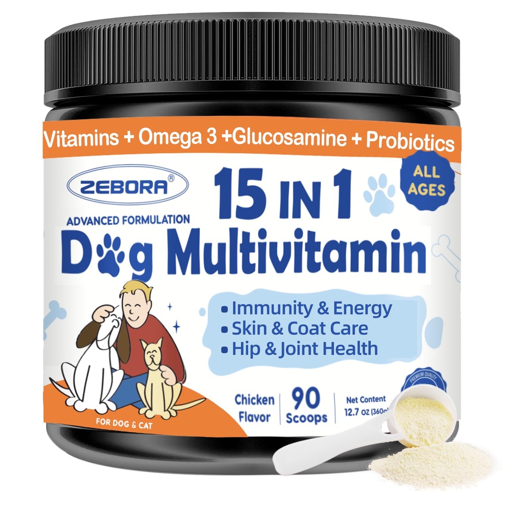 ZEBORA Cane Multivitamina Polvere con Glucosamina, Vitamine di Cane e Integratori per Supporto Immune, Integratore di Pelle e Cappotto con Omega 3 per Allergy Relief, Probiotici per Salute Digestiva & Gut