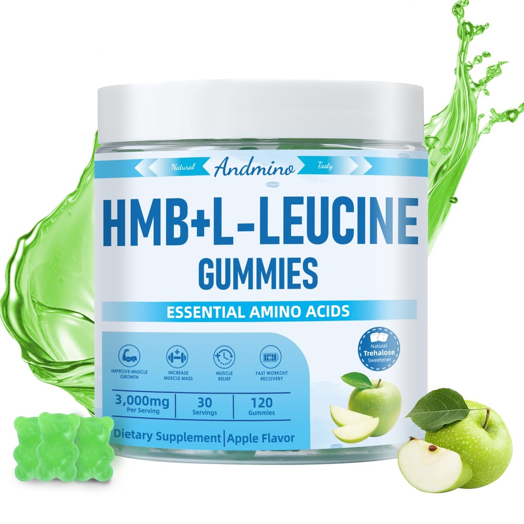 HMB e L-Leucine Gummies, 3000mg, con Trehalose, per la crescita del muscolo, il sollievo del muscolo e il recupero di allenamento, per adulti e anziani, non OGM, Vegan, senza glutine, aroma di mela, 120