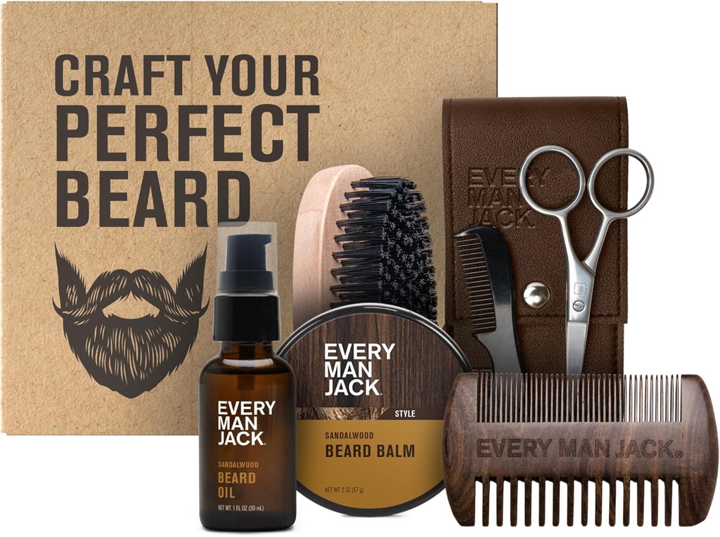 Ogni uomo Jack Beard Grooming Kit per gli uomini - Include olio di Cuscinetto di Sandalo & Beard Balm, spazzola del cuscinetto, legno a doppio lato Petto, forbici di perforazione e Mustache Comb