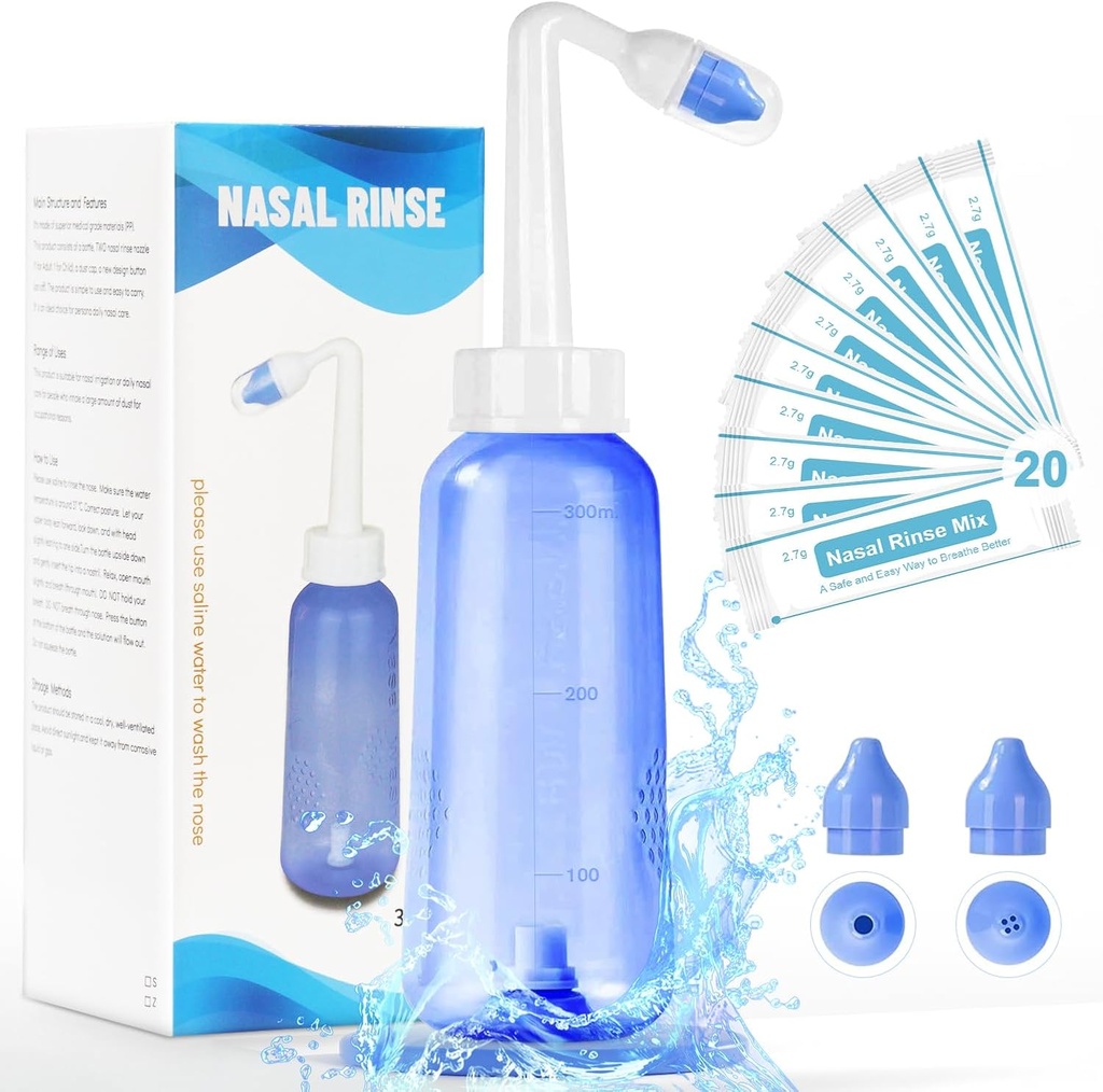 Neti Pot Sinus Rinse Bottiglia - Detergente Nasal Wash Bottiglia Nose Cleaner per pressione efficace Irrigatio 300 ML con 20 Nasal Wash Salt Packets