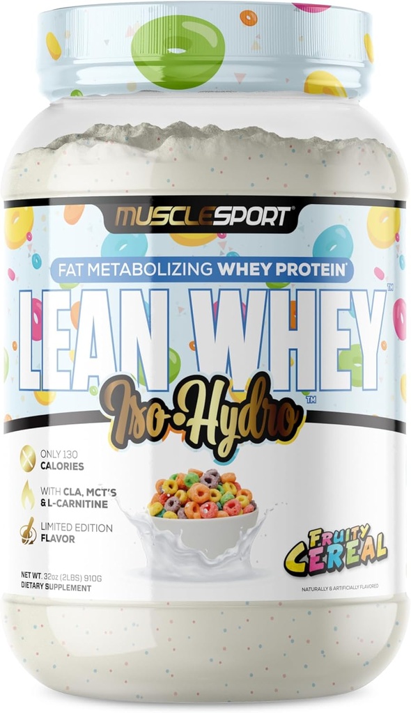 Musclesport Lean Whey RevolutionTM Protein Powder - Whey Protein Isolate - Bassa Calorie, Carbo basso, Basso Grasso, Sapori Incredibili - 25g Protein per Scoop (2lb, Fruity Cereal)