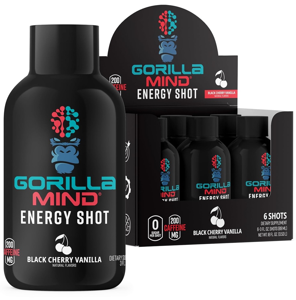 Gorilla Mind Energy Shots (Pack of 6) - Migliorato Focus & Energy, Senza zucchero, Fast-Acting, Potent Formula con Vitamins & Natural Extracts (Black Cherry Vanilla)