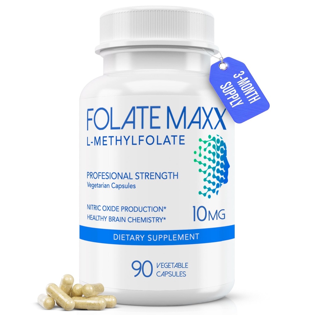 FolateMaxx L-metilfolato 10mg, 90 capsule – Medico formulato Methyl Folate Supplemento per le donne e gli uomini – Alta potenza 5-MTHF per l'energia, Mood & Focus – Non-GMO, senza glutine (3-mese di alimentazione)