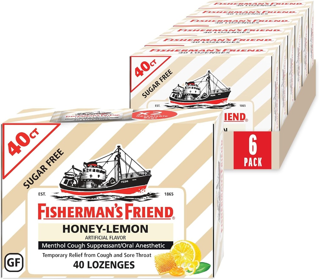 Gocce di tosse dell'Amico del pescatore, Suppressante della tosse e Lozenges della gola del tonno, Zucchero libero Honey-Lemon, 5.52mg Menthol, 240 gocce (6 confezioni da 40)