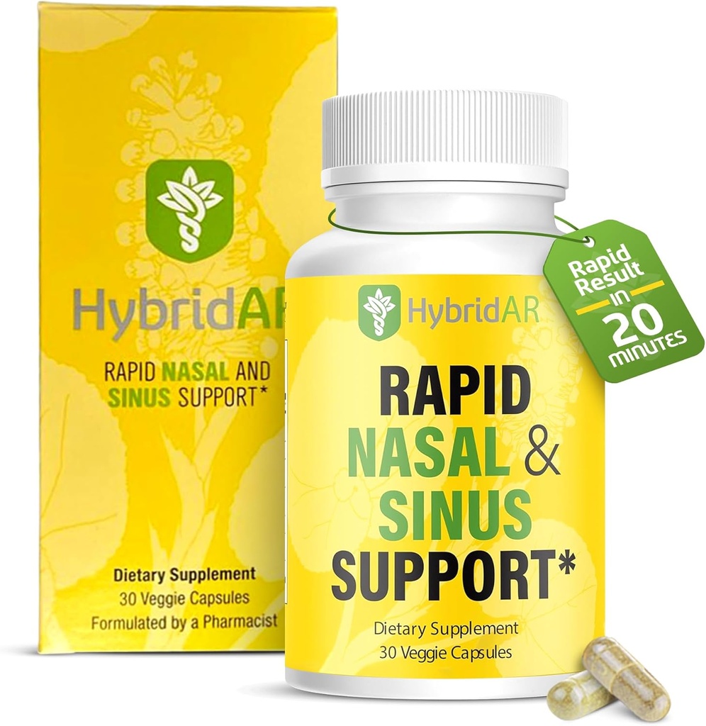 HybridAR Rapid Sinus Relief and Calm – Fast Acting Non-Drowsy Sinus Support and Medicine - Decongestori naturali per gli adulti con Antistamina, Quercetin e Butterbur per le allergie - 30 capsule
