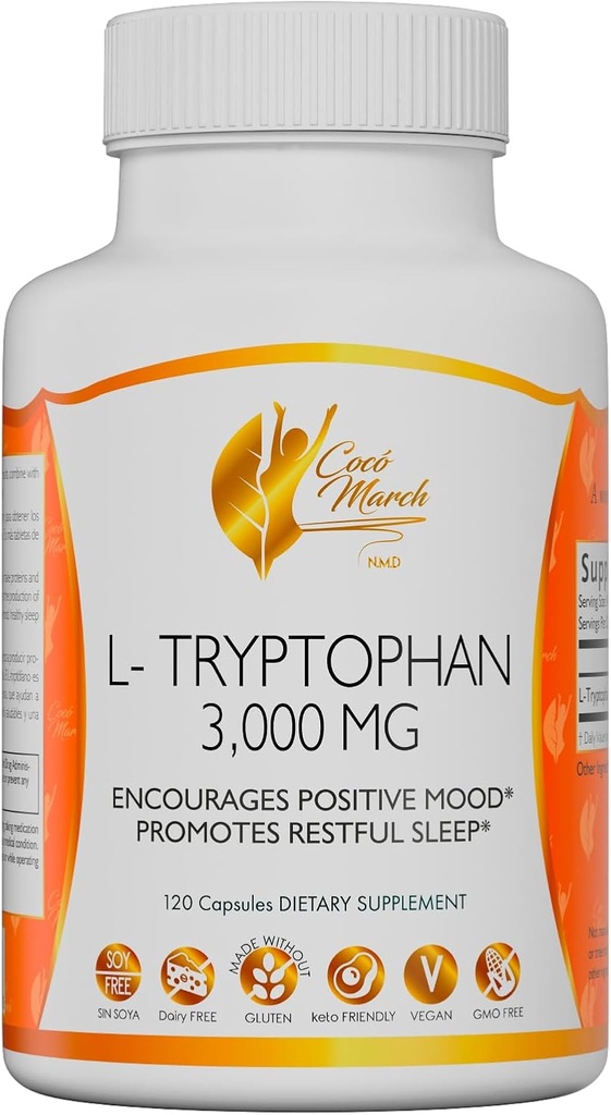 Cocó Marzo N.M.D L-Tryptophan Sleep Aid 500 mg, Gluten Free, Vegan, OGM Free, Dairy Free, Keto Friendly, Soy Free - 30 Servings