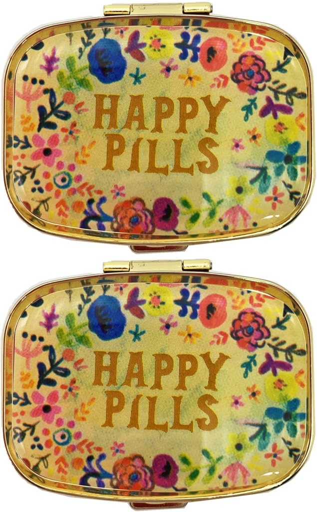 2 pacchetti Vintage Pill Organizer scatole di metallo Retro Pillole Cute Pillole Case per Purse/Pocket Portable Compact per tenere vitamine/Tilenol/Supplements/Meds/Tablet(Happy Pills with Mirror Inside)