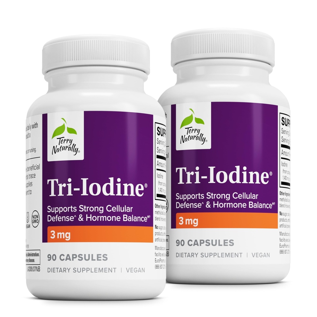 Terry Naturally Tri-Iodine - Integratore alimentare per il supporto per la salute del seno e della prostata - Aiuto per il supplemento della funzione tiroide sana - 3 mg, 90 capsule, 2 Pack