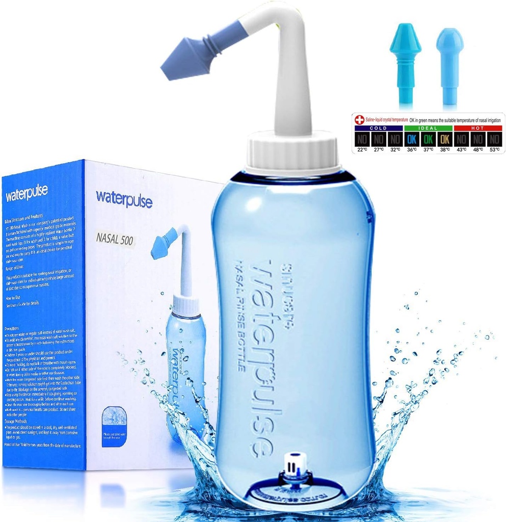 Darate Neti Pot Sinus Rinse Bottiglia, Pulitore di Nose Pressione Risciacquare Irrigazione nasale per Adulto & Kid BPA Free con Adesivo Termometro (500ML)