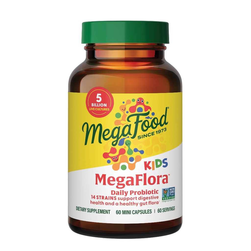 MegaFood MegaFlora Kids Probiotics - 5 miliardi di CFU - Non OGM, Vegetariano, Fatto Senza 9 Allergeni Alimentari, Probiotici per la Salute Digestiva- 60 Mini Capsule (60 Serve)