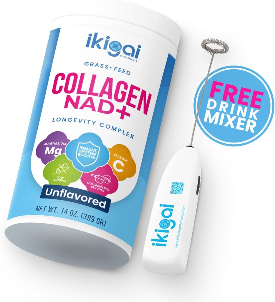 Ikigai Collagen con NAD+ (30 Serve) - Non OGM, Senza glutine, Paleo, Kosher - Nessun aroma, Include miscelatore di bevande gratuito