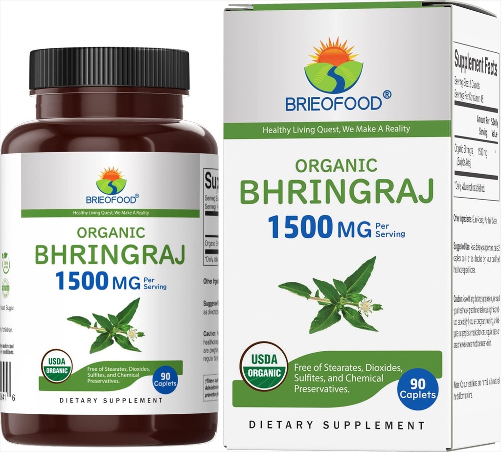 Brieofood Organic Bhringraj 1500mg, 45 Serve, Vegetariano, Gluten Free, 90 compresse vegetariane