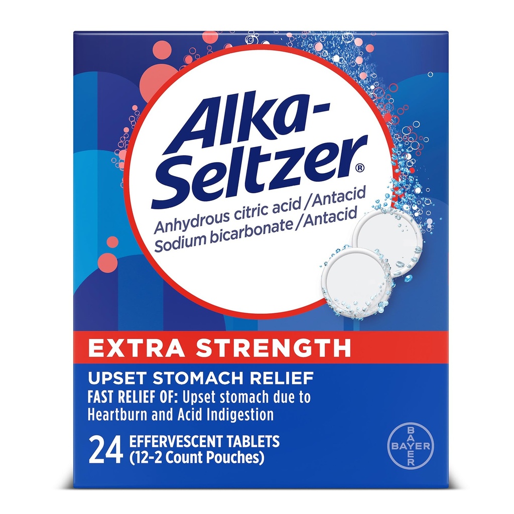 Alka-Seltzer Extra resistenza Rilievo di stomaco Effervescente Antacid Tablets, Rilievo di indigestione veloce, 24 Ct