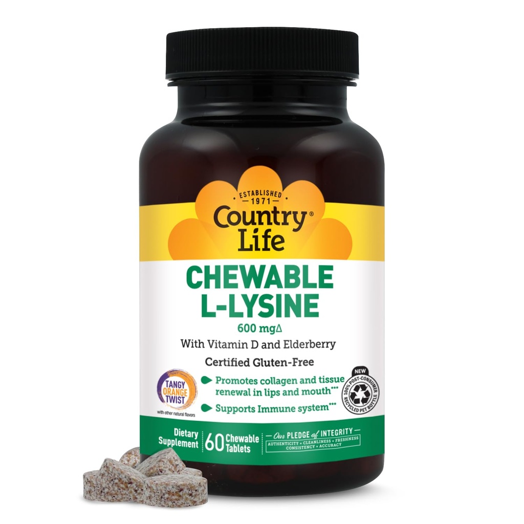 Integratore L-Lysine masticabile di vita di campagna con vitamina D e mirtillo, supporto immunitario e rinnovi di collagene per tessuto cutaneo, ideale per gli adulti