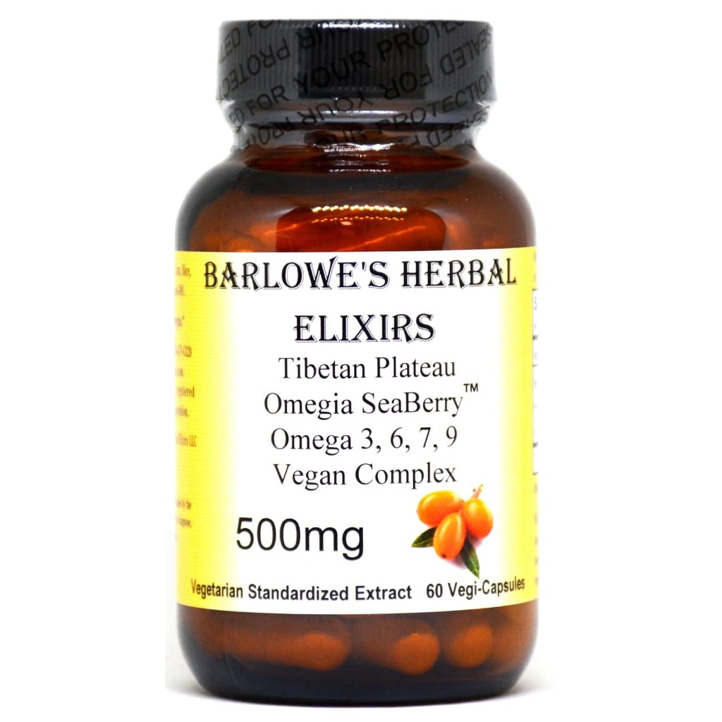 Barlowe's Herbal Elixirs Omegia SeaberryTM | Sea Buckthorn | Complete Omega 3, 6, 7, 9 Grassty Acids | 500mg Per Capsule | 60 Veggie Capsules | Glass Bottle | Stearate Free