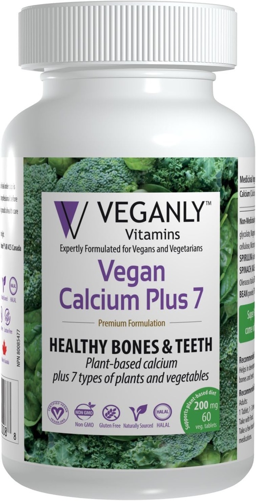 VEGANLY Vitamins- Vegan Calcium Plus 7 per le ossa e i denti sani (60 caps) Integratore a base vegetale