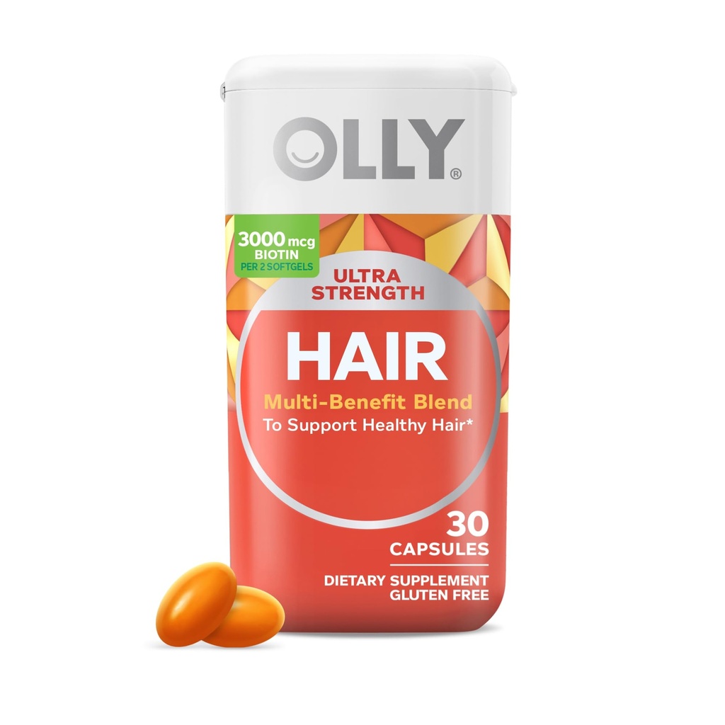 OLLY Ultra Strength Hair Softgels, Supporta la salute dei capelli, la biotina, la cheratina, la vitamina D, B12, supplemento di capelli, 30 giorni di alimentazione - 30 conteggio (Packaging May Vary)