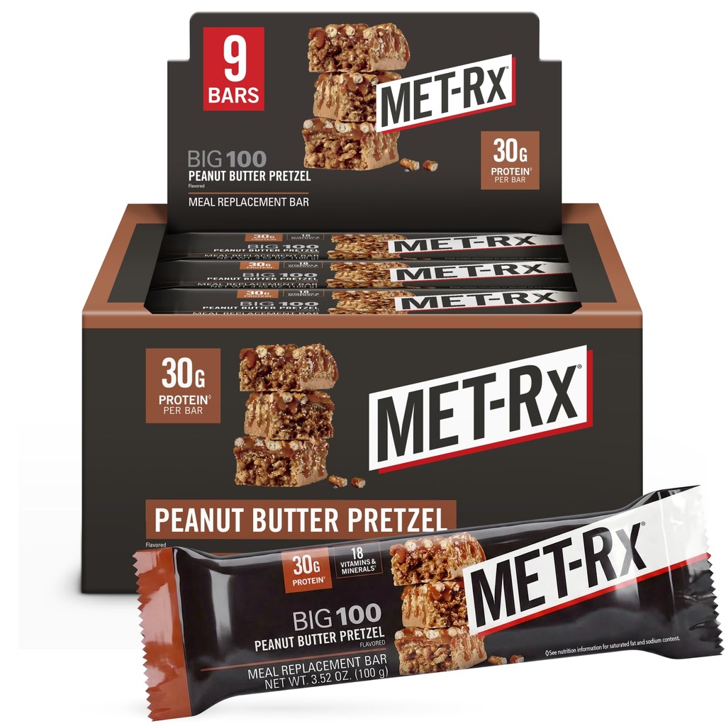 MET-Rx Big 100 barre di proteina di Colossal, Grande come la sostituzione sana dei pasti, spuntino e aiuto di sostegno energia, Pretzel del burro di arachidi, con vitamina A, vitamina C e zinco, 100 g, (pacchetto di 9)