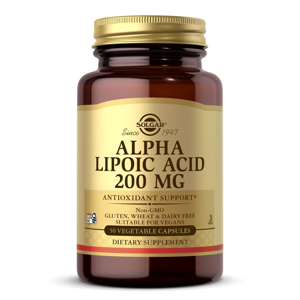 Solgar Alpha Lipoic Acid 200 mg, 50 capsule vegetali - Supporto antiossidante - Aiuta a riciclare Glutathione, Vitamina C & E, CoQ-10 - Non OGM, Vegan, Gluten Free, Dairy Free, Kosher - 50 Servings