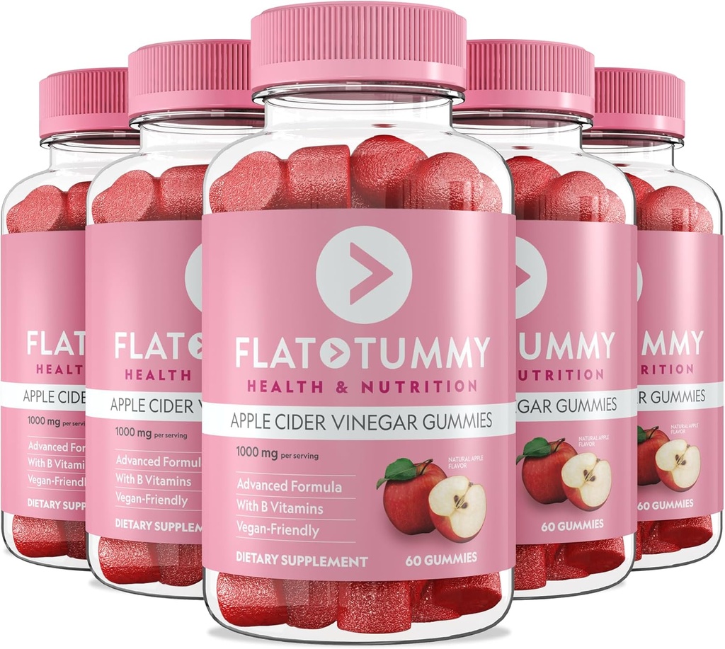 Gummie dell'aceto del sidro di mele piatte, 60 conte (5 pacchetto) – Gummie di ACV, Detox, Sostegno Gut Salute – Vegan-Friendly, Non-OGM - Beet and Pomegranate Superfood Powders, Vitamine B6, B9 & B12