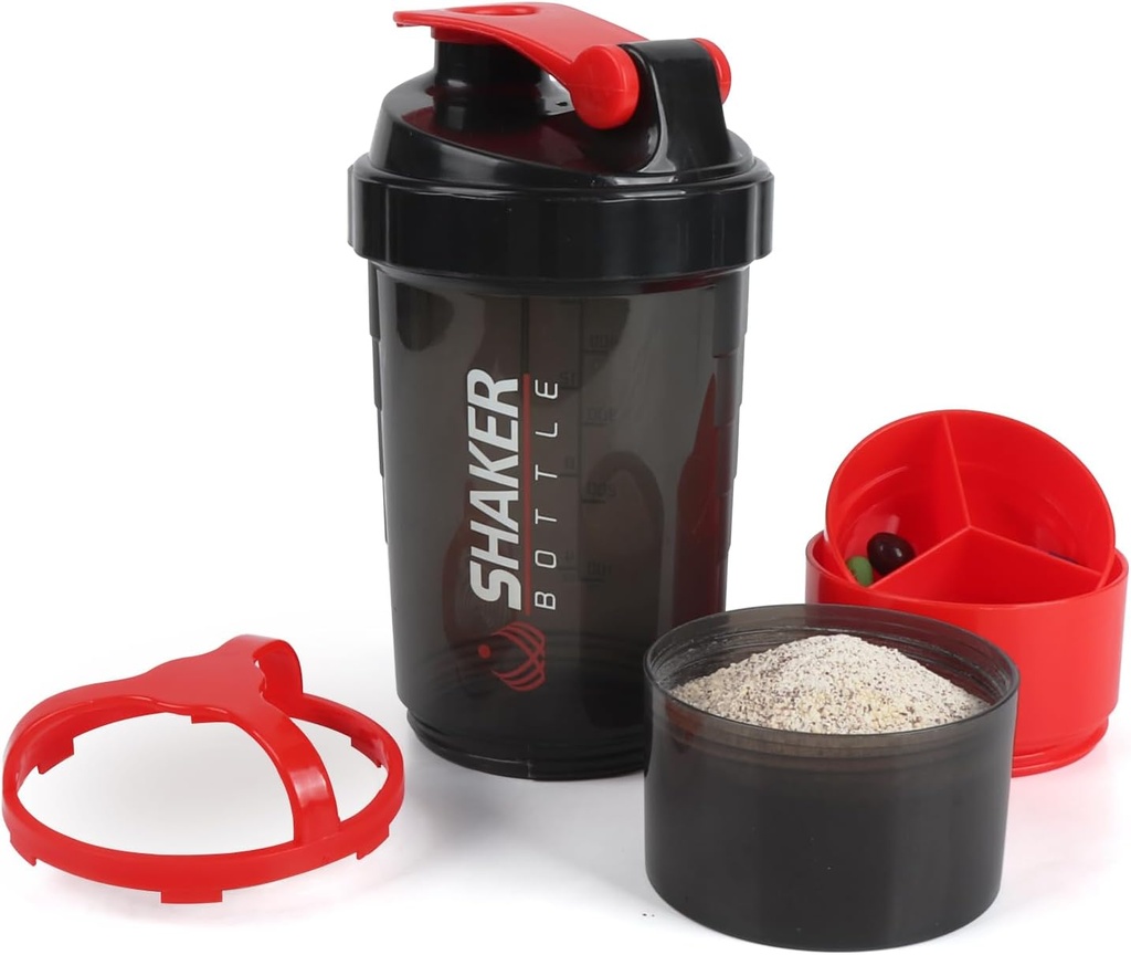 Bottiglia di Shaker, 16oz Protein Shaker Bottiglie con sfera di miscelazione, 3 in 1 Coppa di GYM a prova di leak con vassoio di stoccaggio della polvere & Pill, ideale per allenamento, senza BPA (rosso)