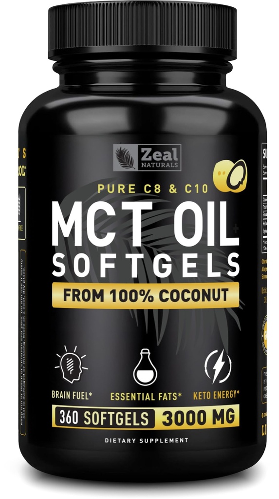 Pure MCT olio capsule (360 Softgels | 3000mg) 4 mesi alimentazione Keto pillole w cocco non raffinato - C10 & C8 benzina, energia, Octane Ketosis