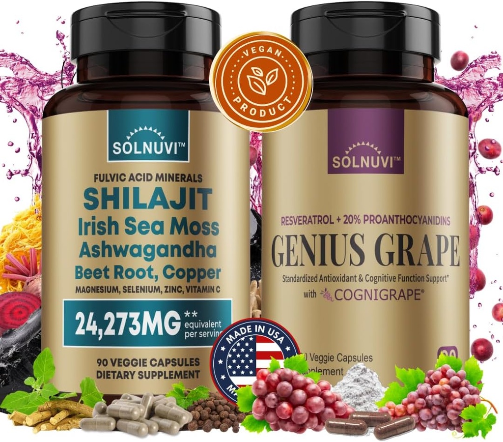 Bundle di benessere cognitivo - Complesso di resveratrolo e minerali di acido Fulvico Shilajit - Moss marino, Ashwagandha, Estratto di uva rosso cognigrape clinicamente testato - Non OGM, Senza glutine, Integratore vegano