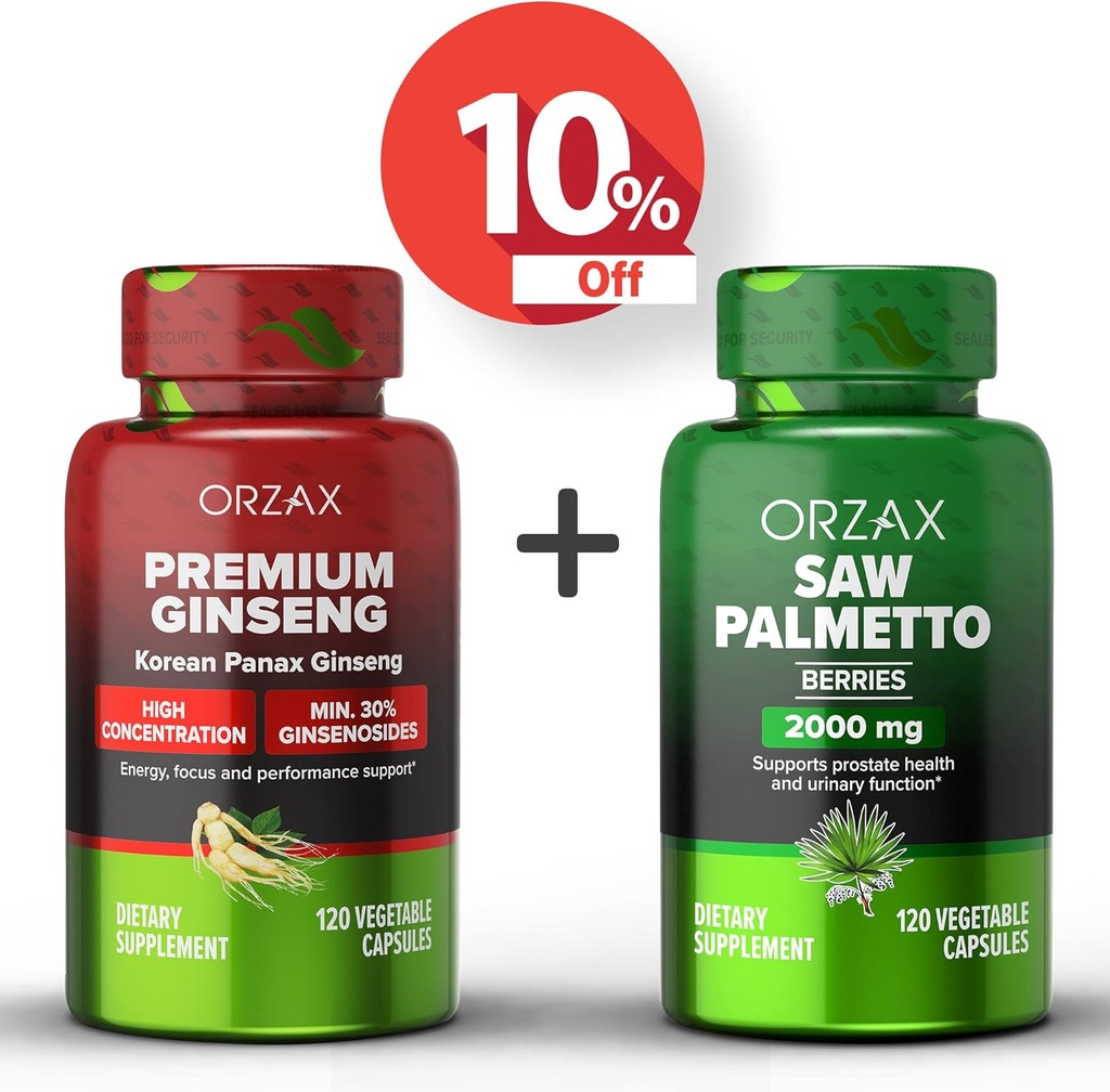 ORZAX Ginseng, 30% Ginsenosides 120 Capsule Vegabili e Saw Palmetto 2000 mg 120 Capsule vegetali, Bundle