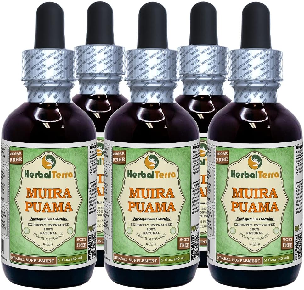 Muira Puama (Ptychopetalum Olacoides) Glycerite, Estratto di liquido senza alcool organico (Nome: HerbalTerra, Proudly Made in USA) 5x2 fl.oz (5x60 ml)