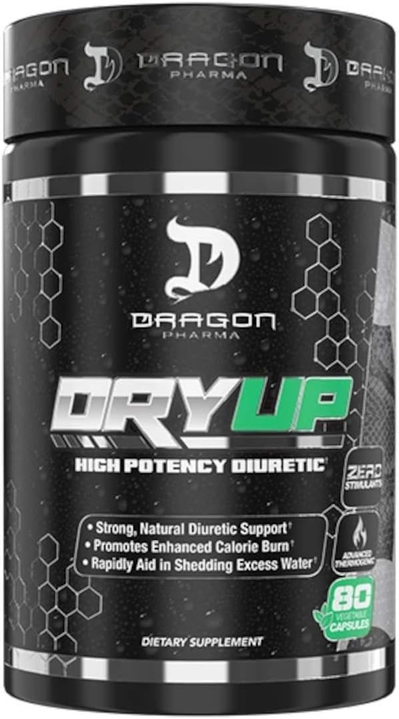 DRAGON PHARMA DryUp, Matrice diuretica e termogenica ad alta potenza, Uso flessibile, Supplemento Stim-Free, Perfetto per prepararsi per la concorrenza o i risultati delle foto (80 capsule)