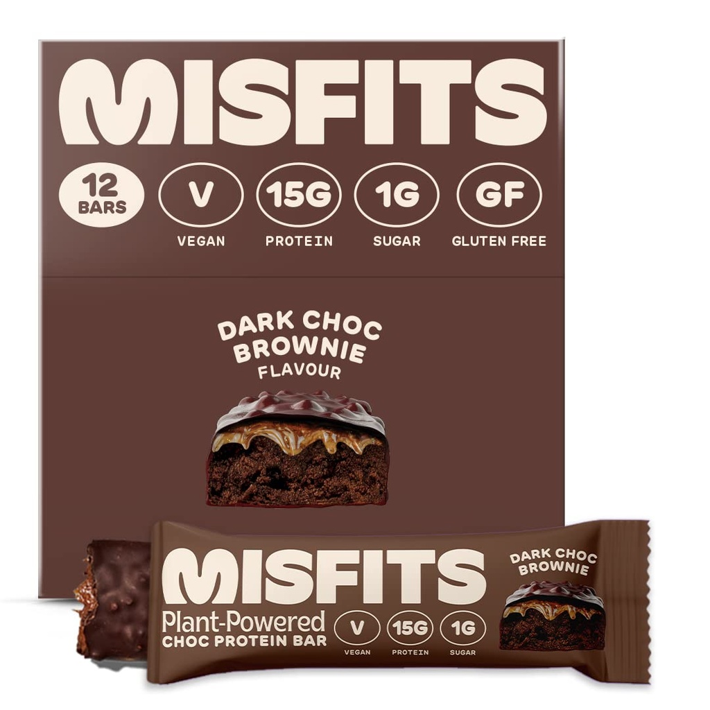Misfits Vegan Protein Bars, Dark Chocolate Brownie - Ricetta originale | Gluten Free, Plant Based, Low Sugar & Carb, High Fiber Snacks | Confezione di 12