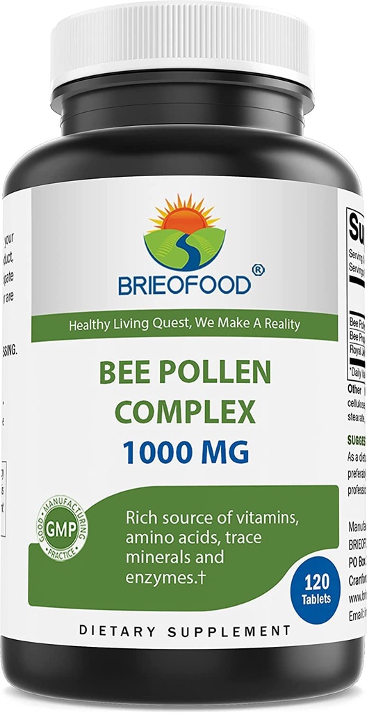 Brieofood Bee Pollen Complex 1000 mg 120 compresse - Realizzate con polline di ape, Propoli di ape, & polvere di gelatina reale