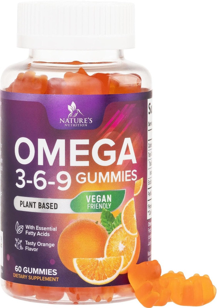 Omega 3 6 9 Gummies - Vegan Omega 3 supplemento pancia - acidi grassi essenziali olio 369 complesso cuore di sostegno & sostegno del cervello per le donne, uomini e gravidanza, pesce libero non OGM, arancio aromatizzato - 60 Gummies