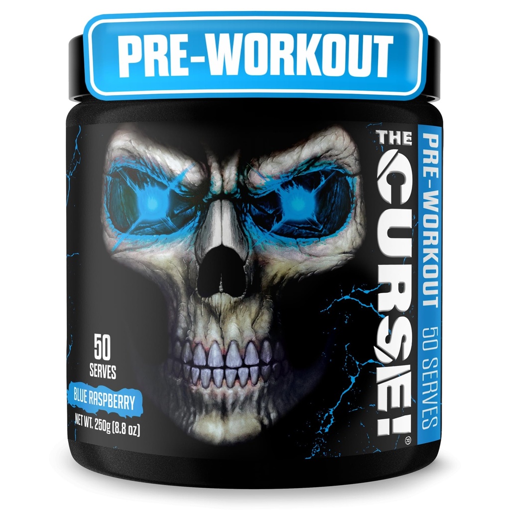 JNX SPORTS The Curse! Polvere pre allenamento per uomini e donne, caffeina, Beta-Alanina, Creatina, L-Citrullina, 50 selezioni, Blue Raspberry Flavor – Boost Energy, Forza & Focus