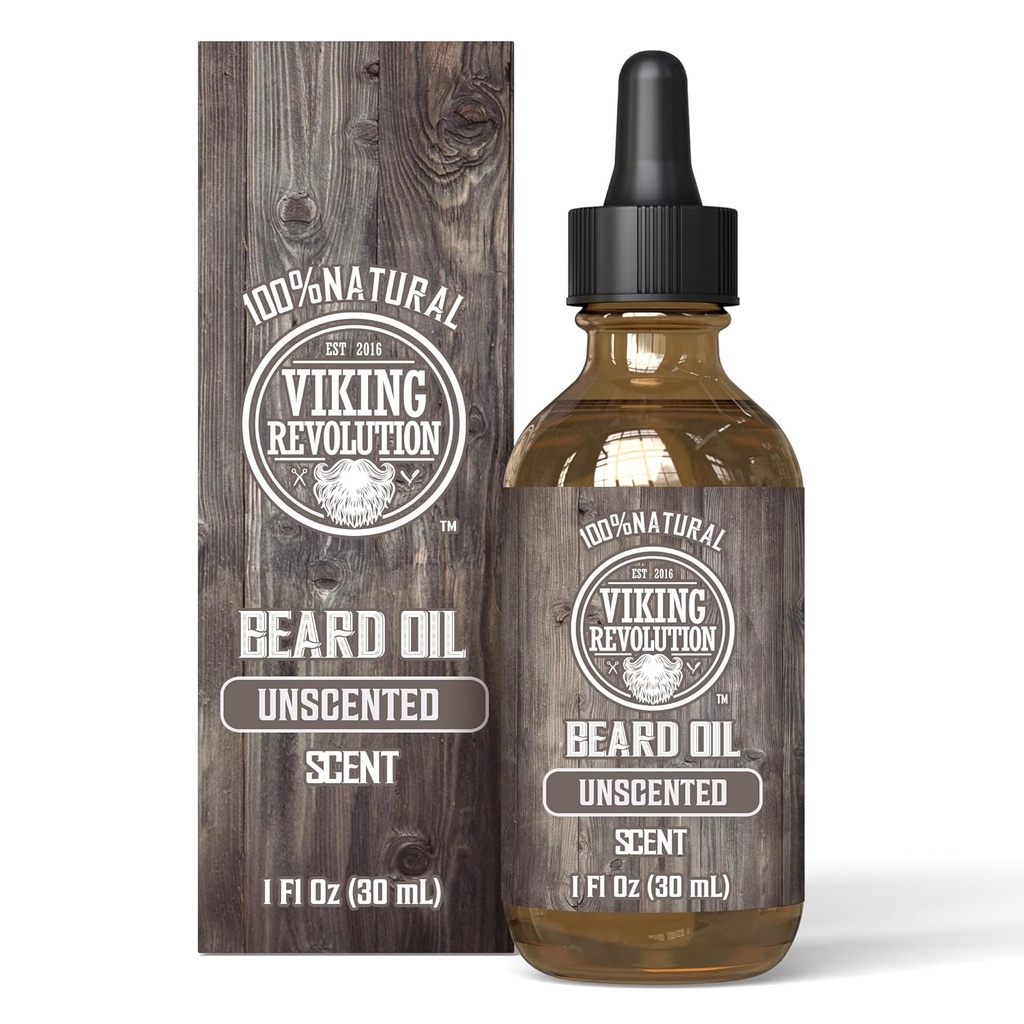 Viking Revolution Unscented Beard olio per gli uomini - Natural Mens Beard olio con olio di Argan e Jojoba olio - Beard Softener, rinforza e idrata - Condizionatore di barba per gli uomini (senza profumo, 1 confezione)