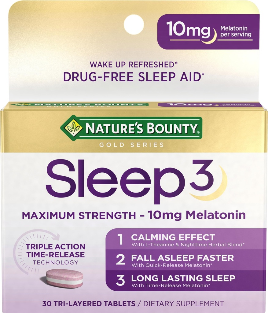 Bounty Melatonin, Sleep3 Massima resistenza al 100% Droga Dormire gratuito, L-teanina & Nighttime Herbal Blend Time Release Technology, 10mg, 30 compresse tri-Layered