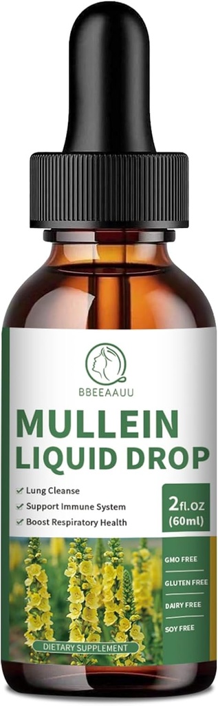 Gocce di Mullein per polmoni, Estratto di foglie di Mullein 1000MG per il supporto respiratorio, Immune & Digestion, con Quercetin, Marshmallow, Elderberry, Black Cumin Seed, Bromelain, Non-GMO, Vegan, 2 Fl Oz