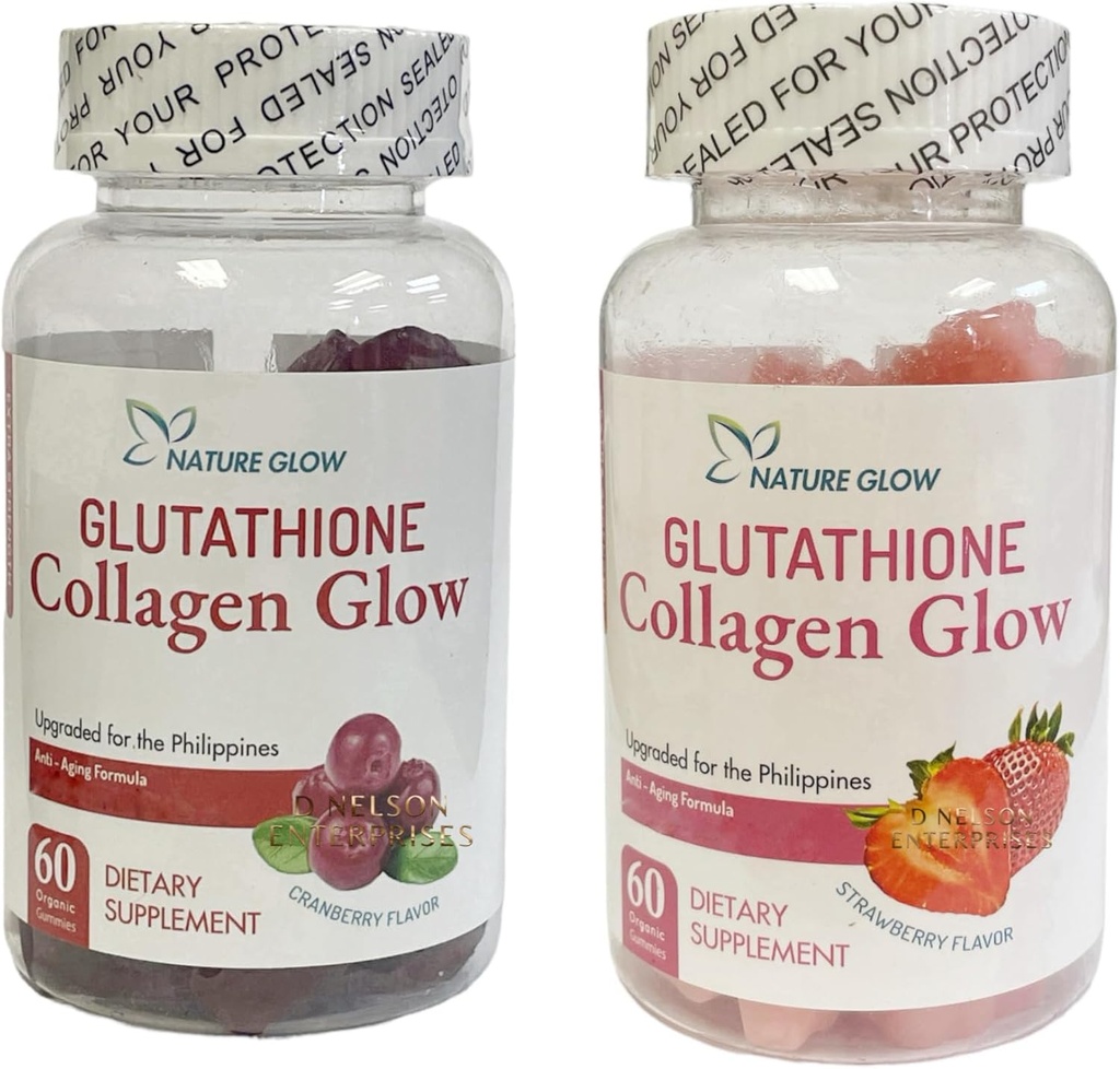 Natura Glow Glutathione Collagen Glow, 60 Organic Chewable Gummies (Strawberry (1Bottle) & Cranberry (1 Bottiglia))