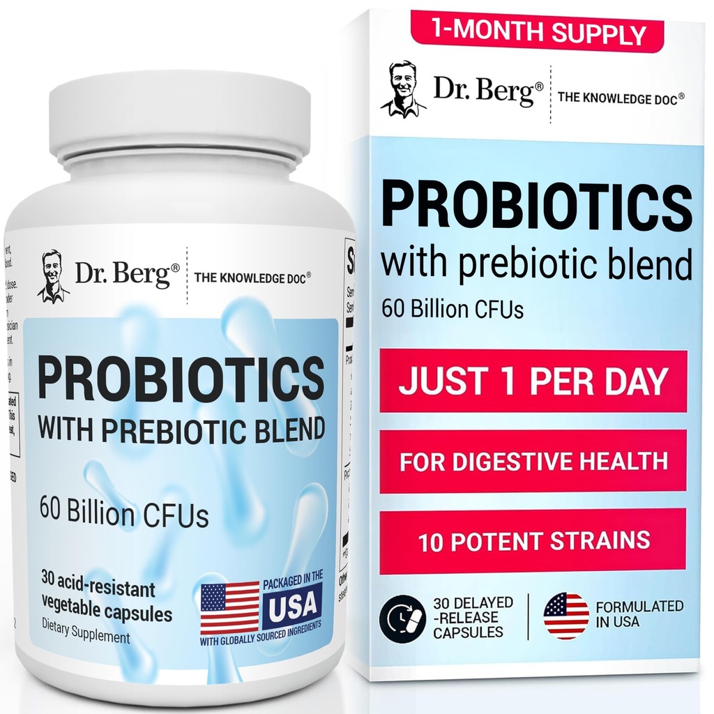 Dr. Berg Probiotic Supplemento (60 miliardi di CFU) - Aiuta ad alleviare costipazione occasionale, diarrea, gas &amp; Bloating* - Pre e probiotici per la salute digestiva - 30 capsule probiotici