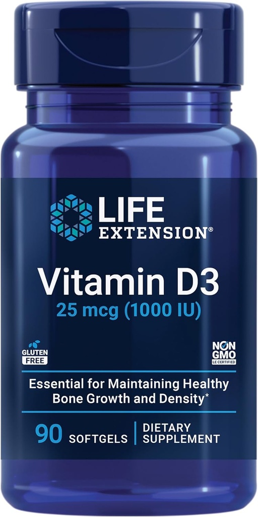 Vitamina D3 25 mcg (1000 IU), Supporto di sistema immunitario, Salute di ossa, Salute totale, Dimensione del valore, Senza glutine, Non OGM, 90 softgels